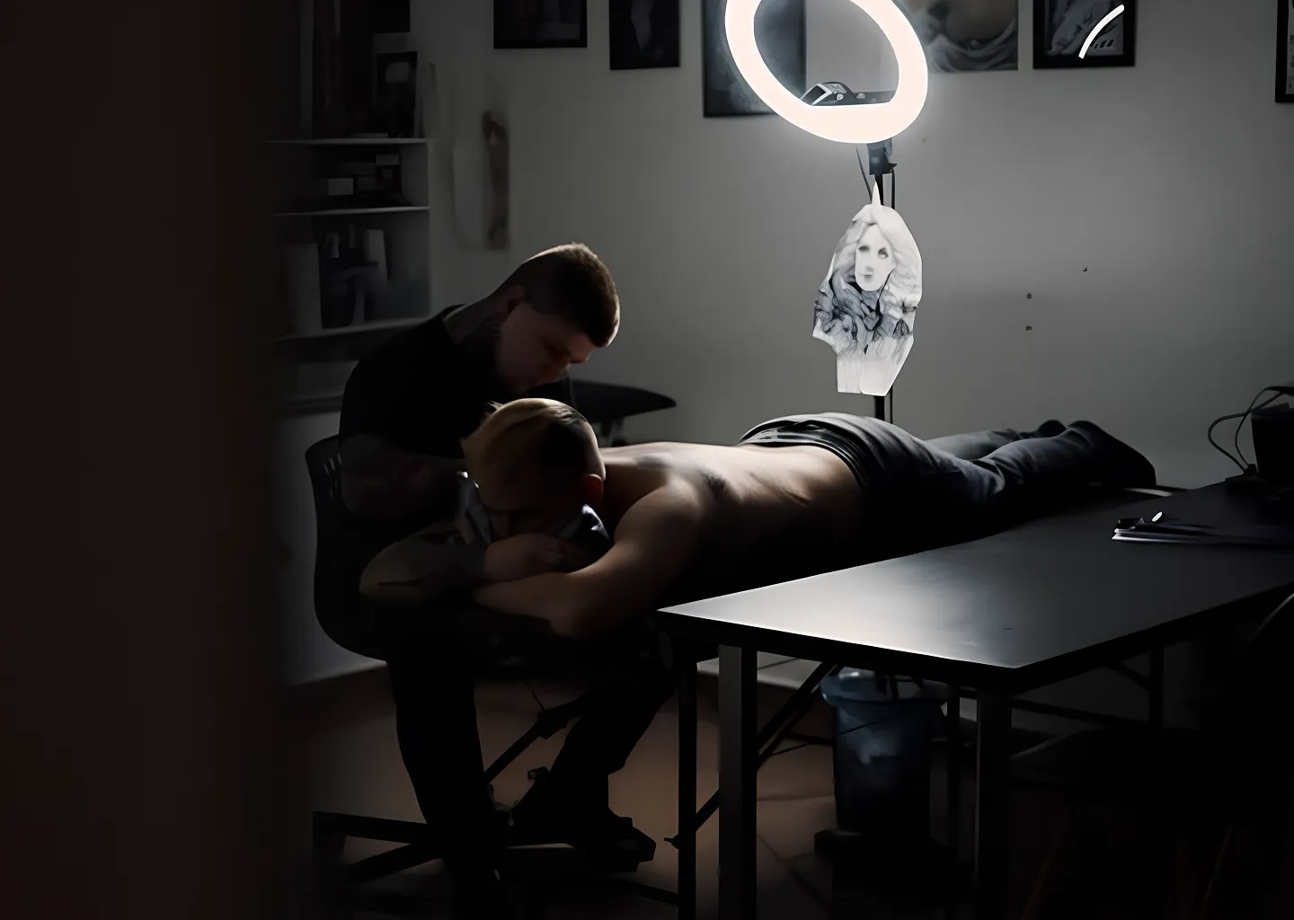 Tattoo artist working on a client in the Black Veil studio