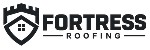 The word Fortress in white sans-serif font on a black background, followed by the word Roofing and a minimalist white stylized roof icon made of geometric lines.