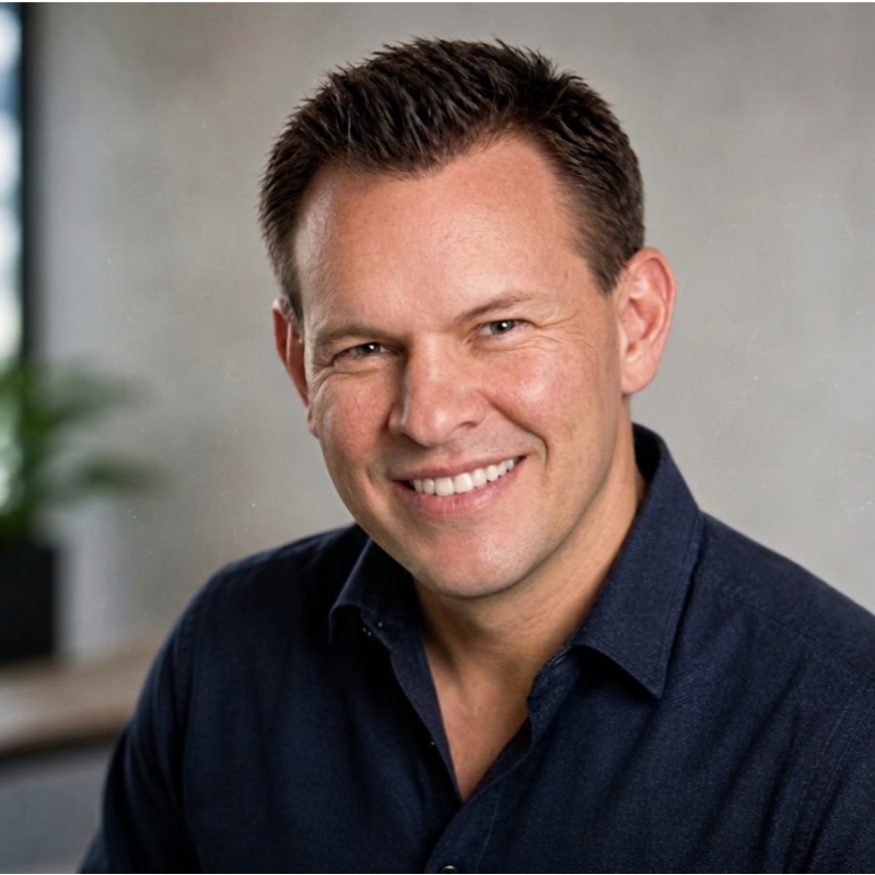 Smiling man with short dark hair wearing a dark blue collared shirt, sitting indoors with a blurred background.