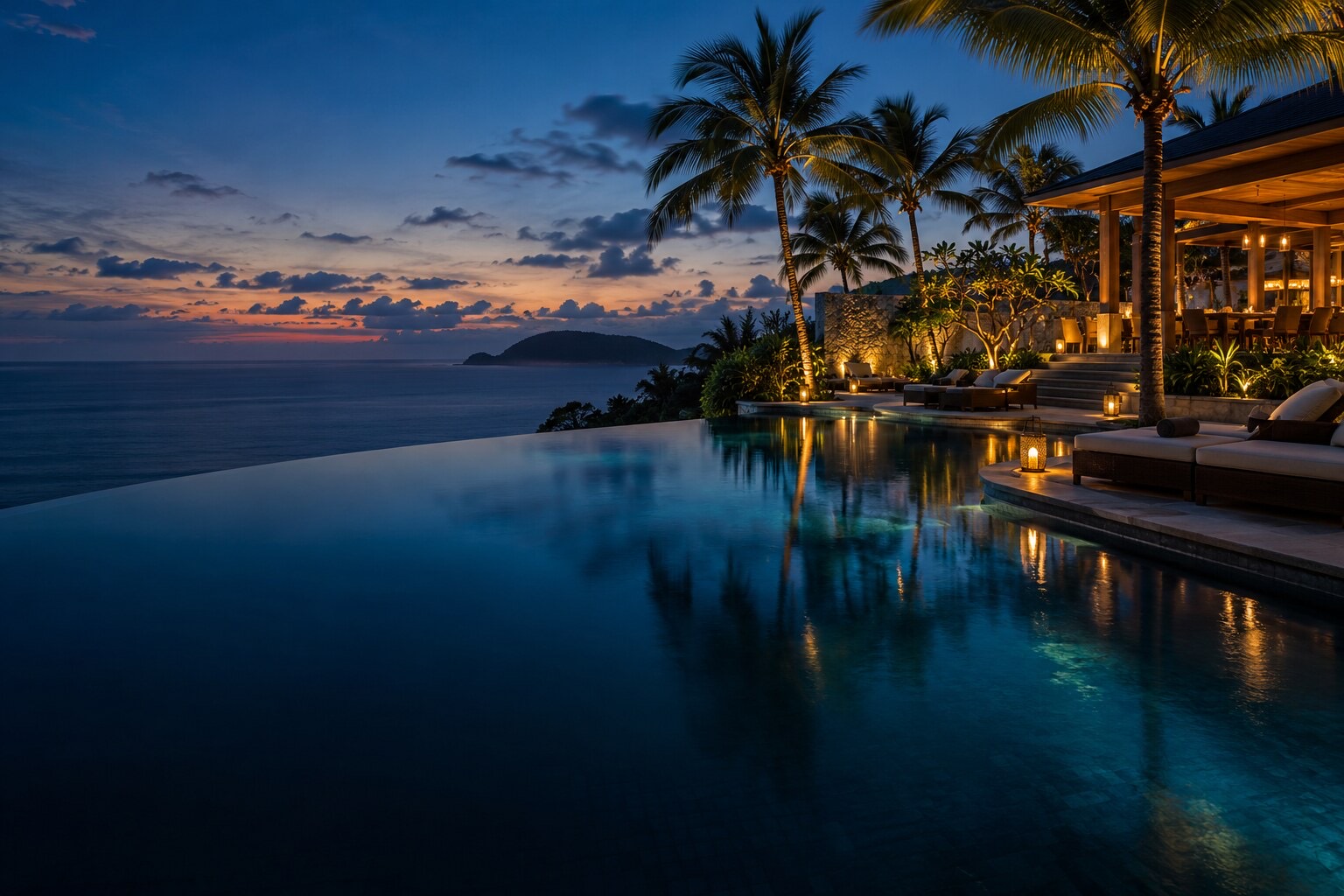 An infinity pool at a resort at dusk, lit by lanterns under palm trees