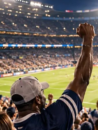 A fan raising a fist in a packed stadium at night