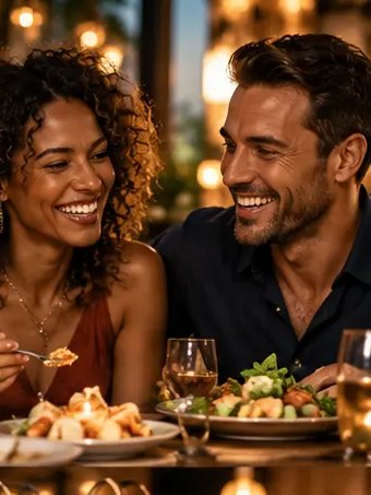 A couple laughing over dinner at a restaurant