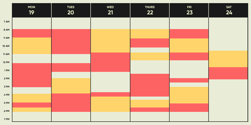 This is an animating gif showcasing a calendar at a week view with the times 7am-7pm and the days Monday-Saturday. The calendar gif has calendar hold blocks showing the colors red, yellow, and green. As the gif animates it's showing the red and yellow blocks become green blocks to represent someone entering a Green Zone.
