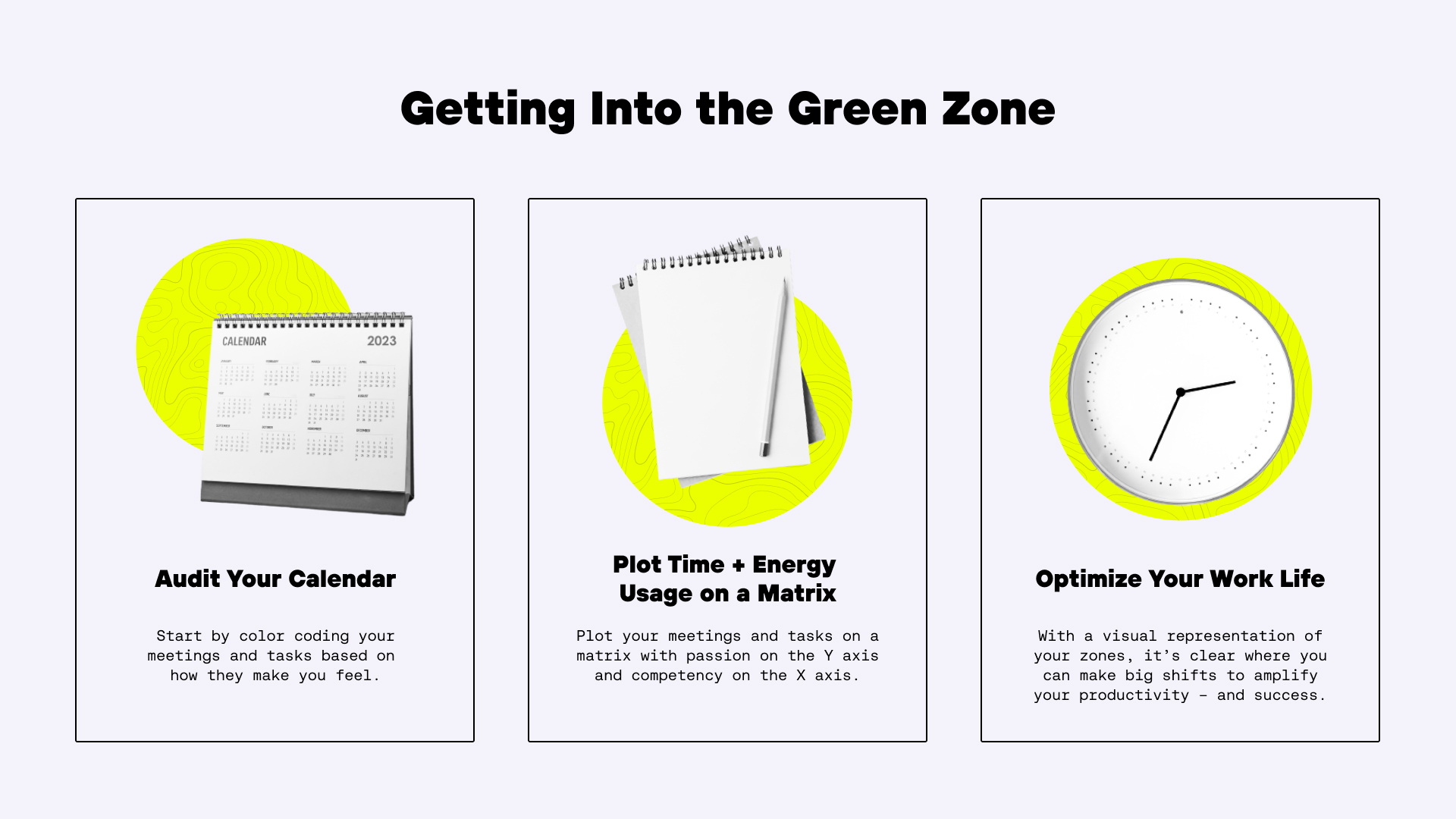 Image showcasing the three phases of the author's concept called Green Zone. The first phase is auditing your calendar, this is in a box with an image of a calendar and text explaining what he means, the second is plotting your time and energy usage on a matrix which is in a box in the middle with an image of a notepad, and the last is optimize your work life which is a picture of a clock and in a box on the right-hand side of the page.
