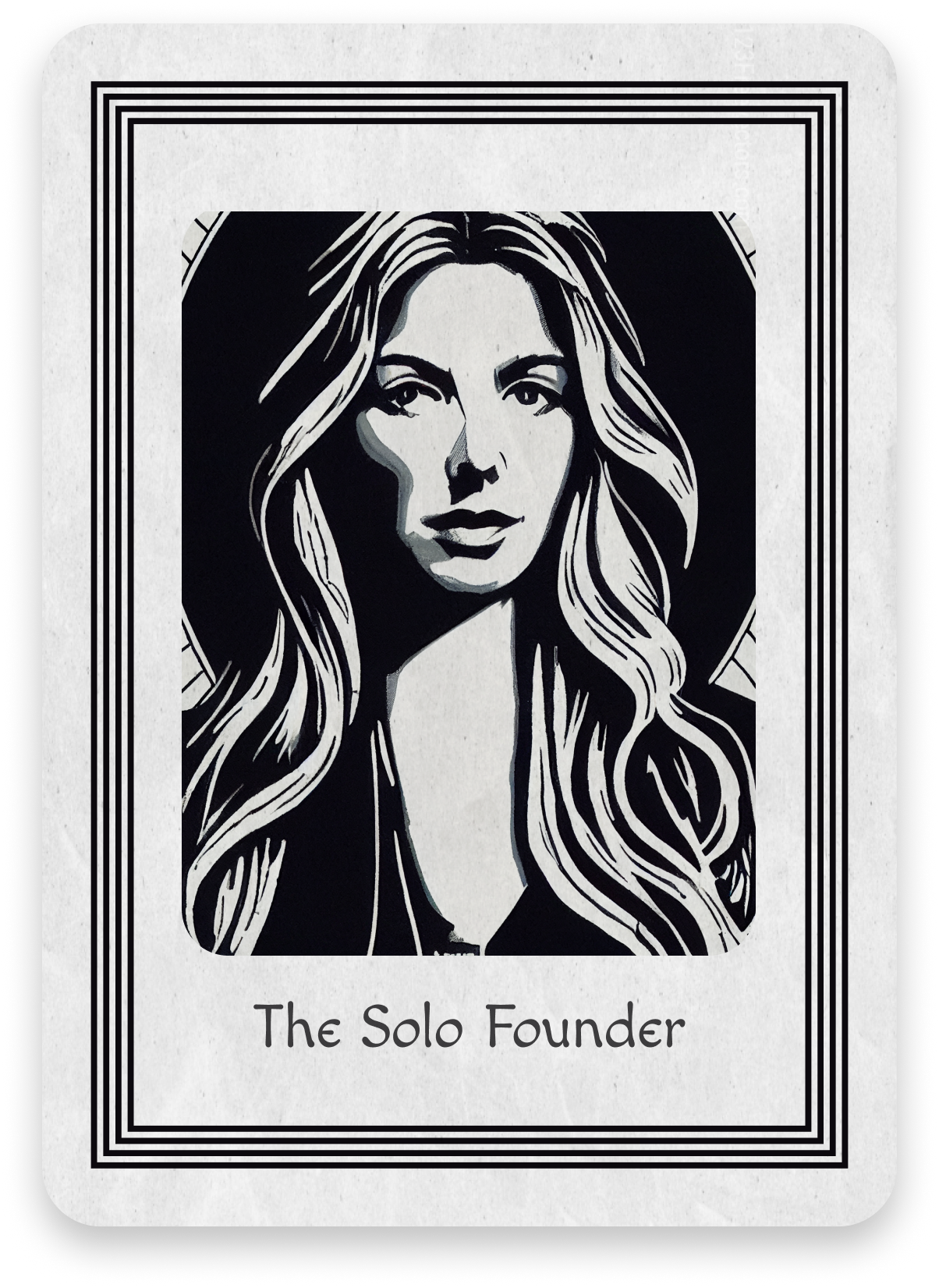 This is a graphic of a tarot card in black and white of a portrait of Sara Blakely, the Founder of Spanx.