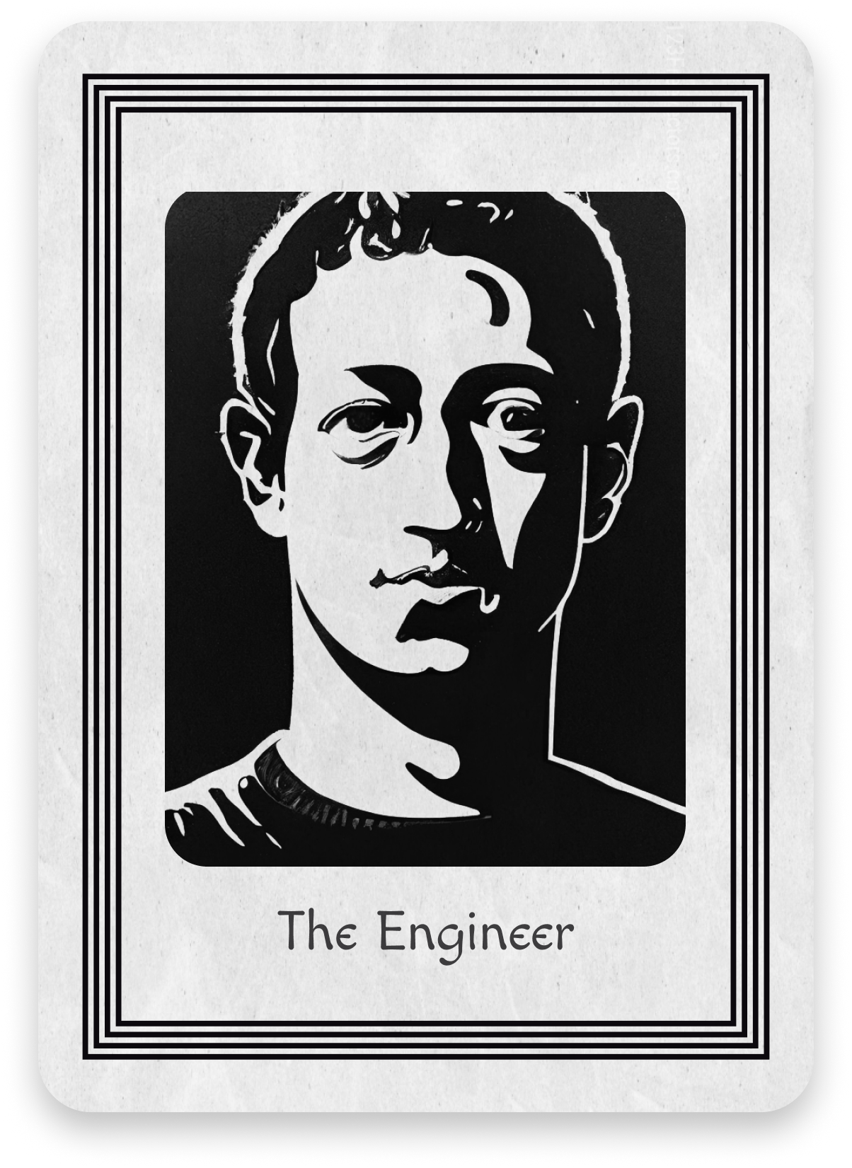 This is a graphic of a tarot card in black and white of a portrait of Mark Zuckerberg, the Founder of Facebook.