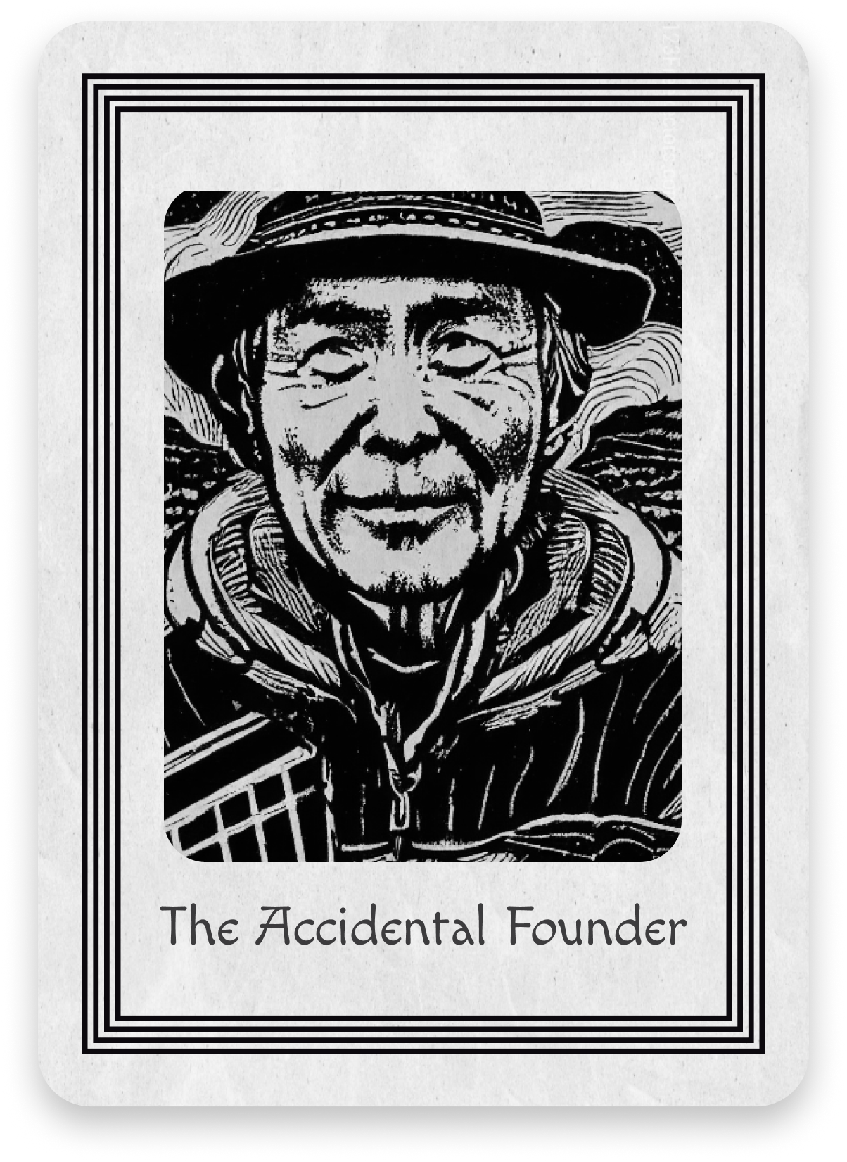 This is a graphic of a tarot card in black and white of a portrait of Yvon Chouinard, the Founder of Patagonia.