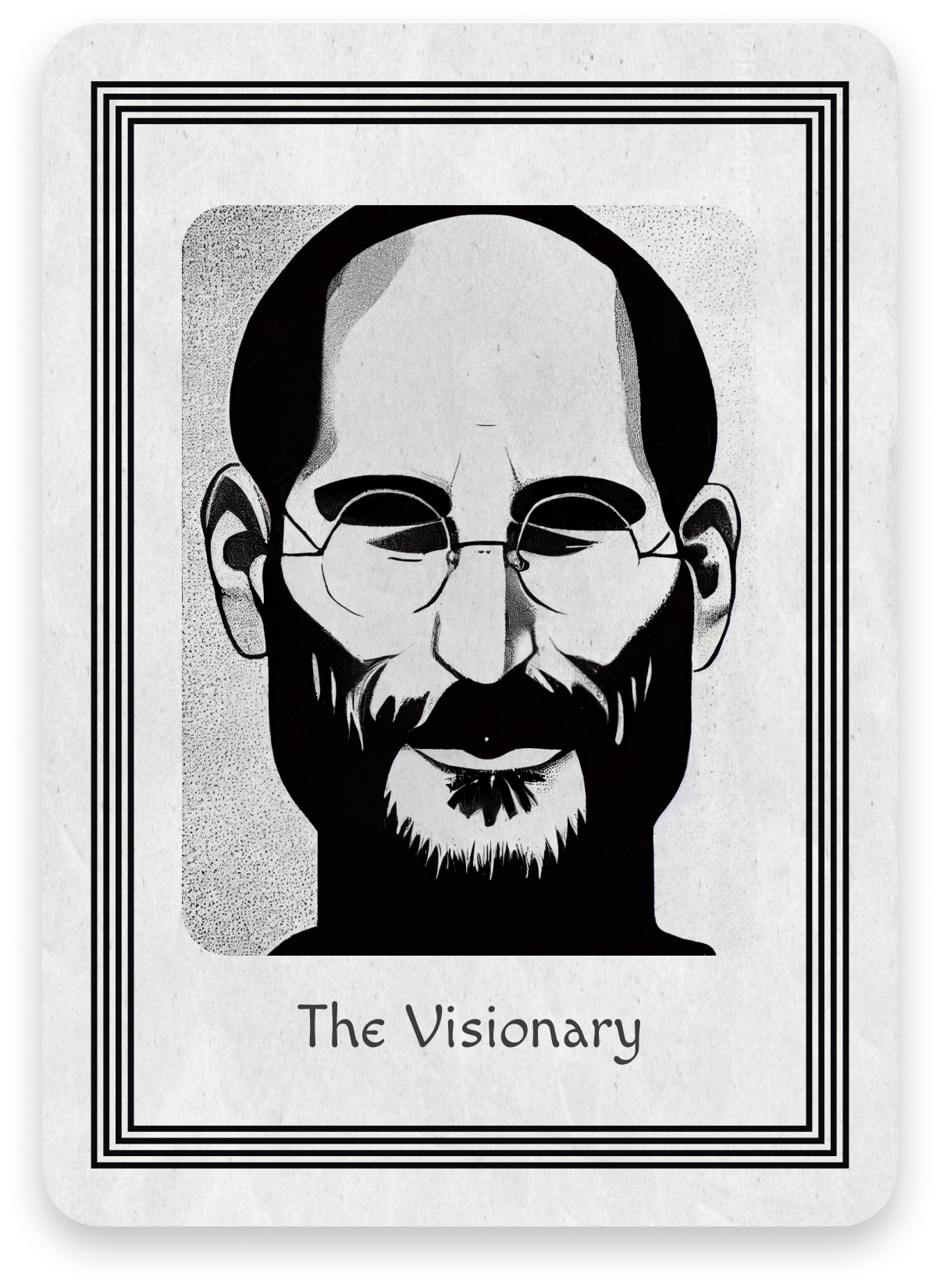 This is a graphic of a tarot card in black and white of a portrait of Steve Jobs, the Founder of Apple.