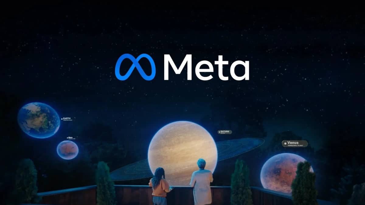 Image of two peoples looking at what appears to be space with several planets in addition to earth. This picture is a representation of Meta (formerly Facebook) and as an advertisement for their brand and new mixed reality headset.