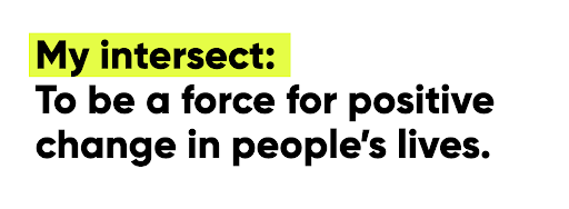 Picture of the words "My Intersect: To be a force for positive change in people's lives." The words intersect are on the first line and highlighted in lime green. The rest of the words are on a second and third line not highlighted.