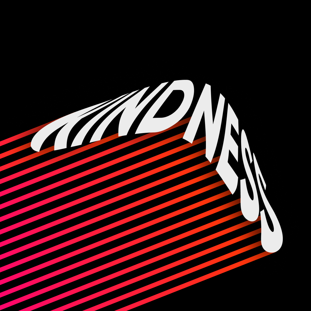 Custom graphic of the word kindness in the color white. The word is distorted and warped in the shape of a boomerang with red streaking lines coming out of it to represent a boomerang being thrown.
