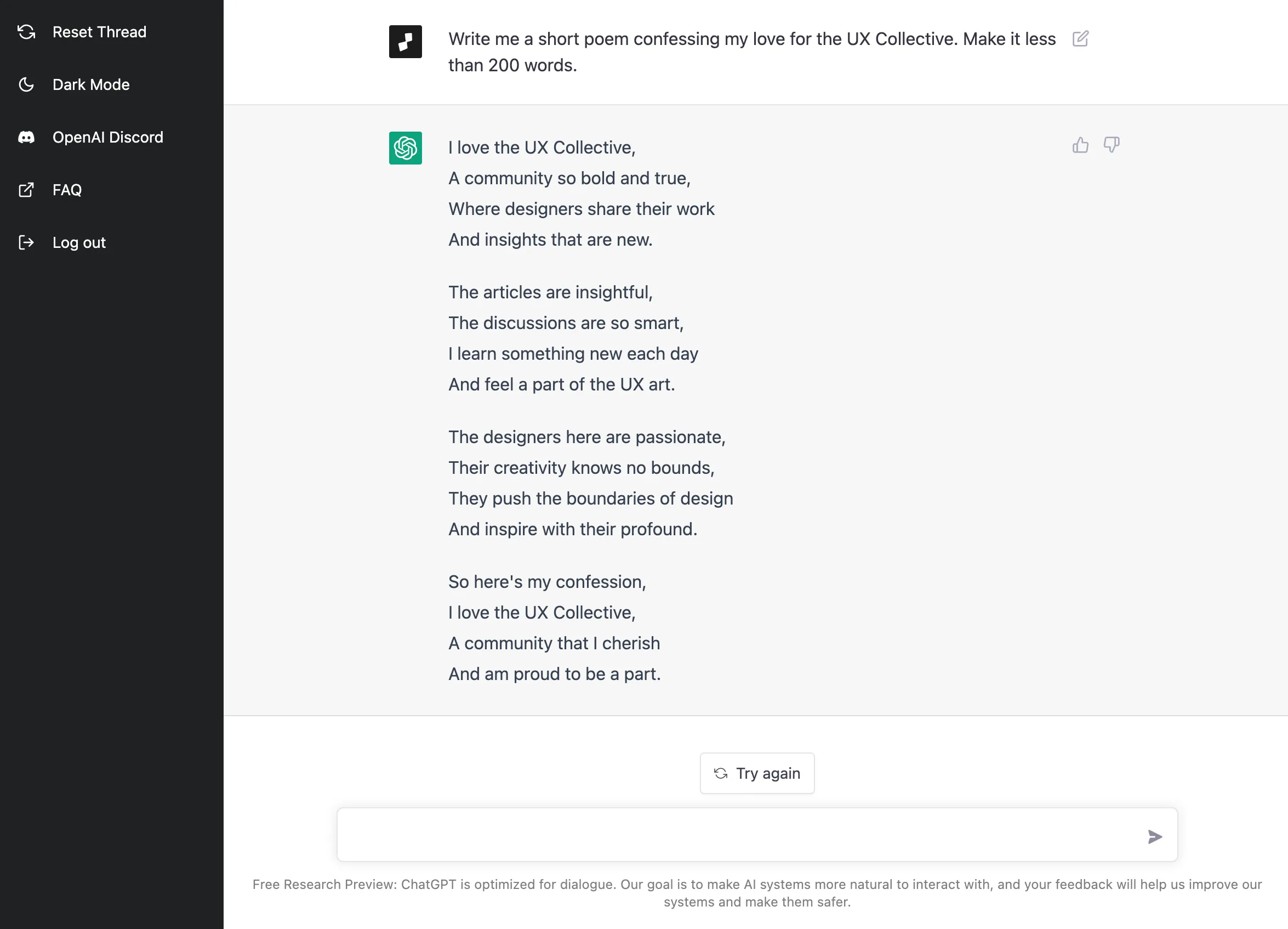 An interface of a chat screen screenshot where the user is asking the AI chatbot to write a poem about why he loves the UX collective