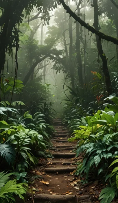 Stone path through a misty rainforest