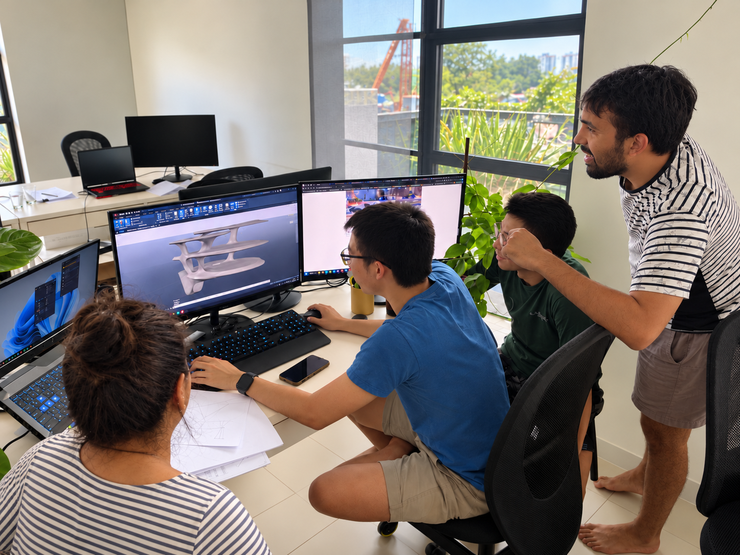 Ohr engineers discussing a structural design model together in the office
