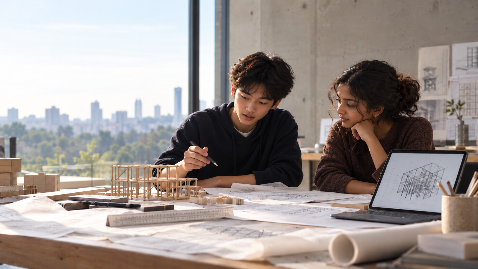 Illustrative image of two Malaysian teenagers exploring a structural model and engineering drawings