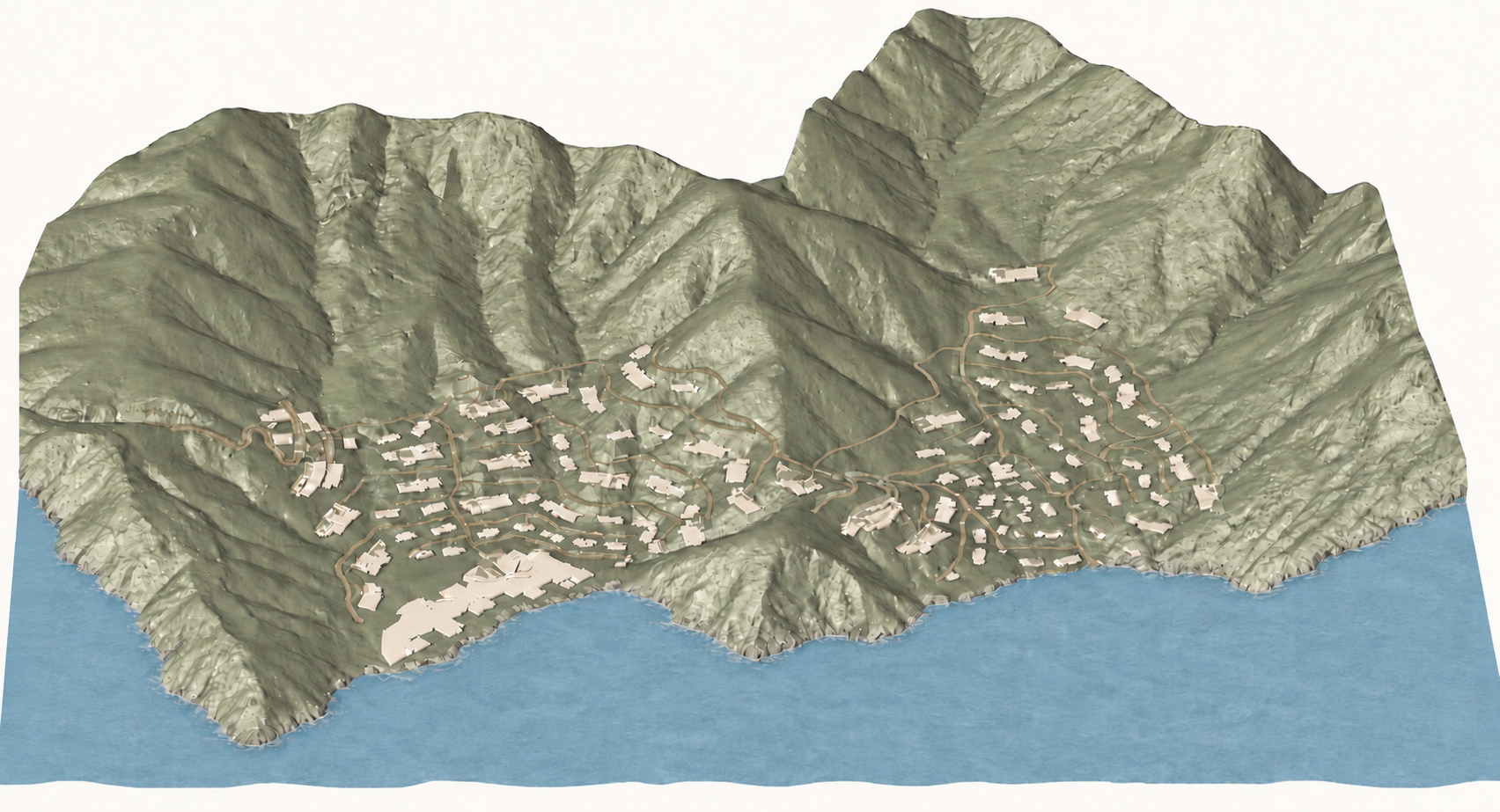 Terrain model with building platforms and access routes