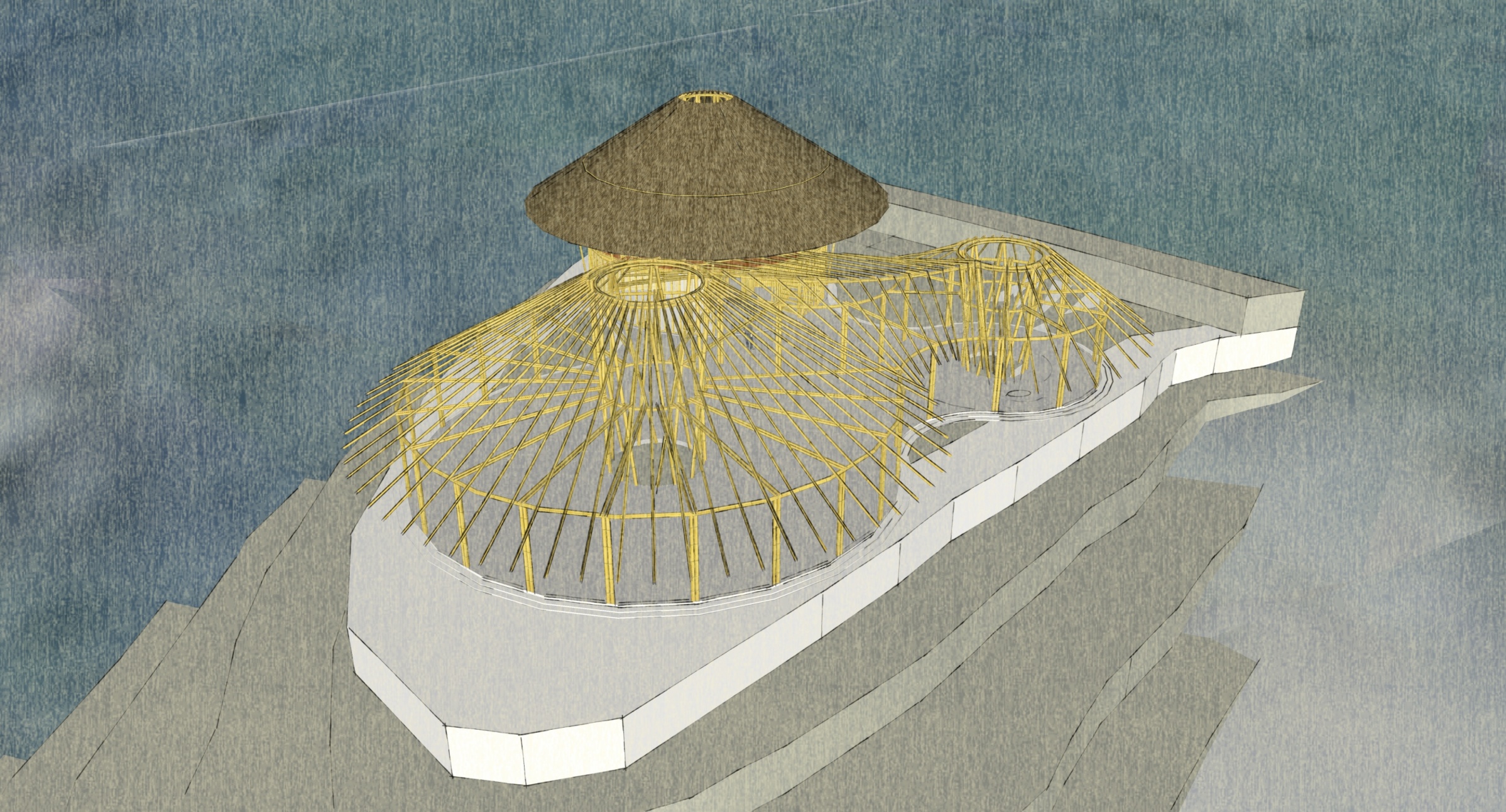 Architectural study of the proposed bamboo school and radial roof framing