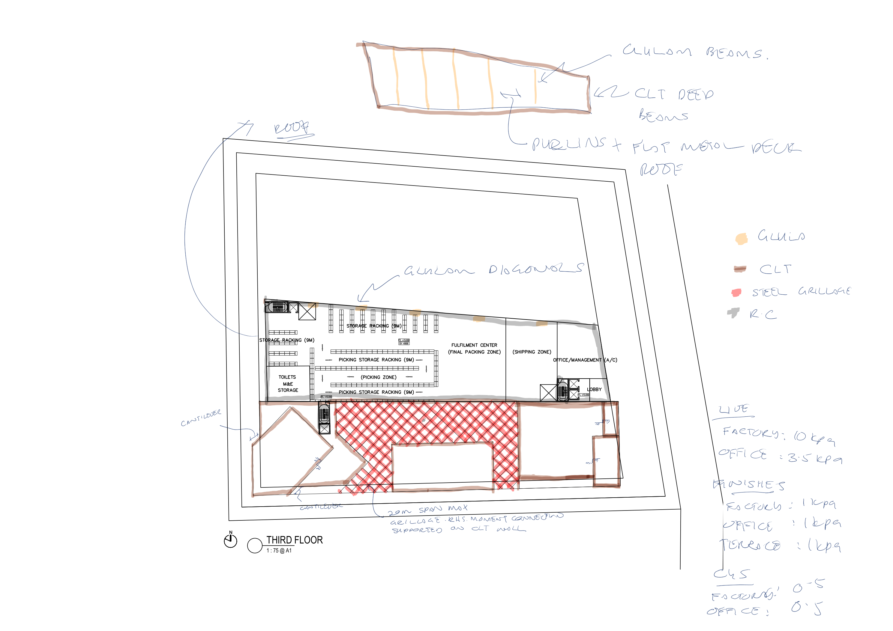 Annotated third-floor plan showing the initial structural concept