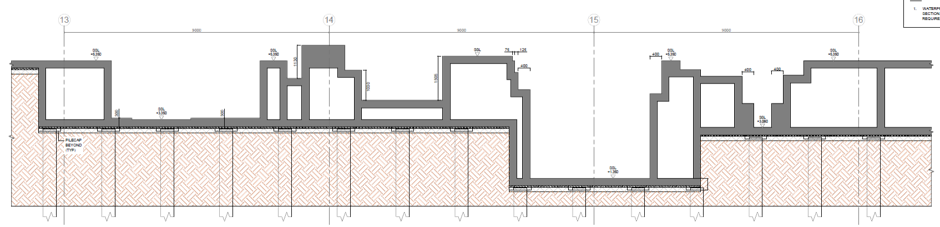 Structural section through the metal sheet factory process pits, showing smaller internal pits within larger excavations.
