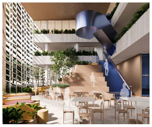 Architectural illustration of the feature steel staircase and cantilevered corridors within the Undisclosed HQ atrium.