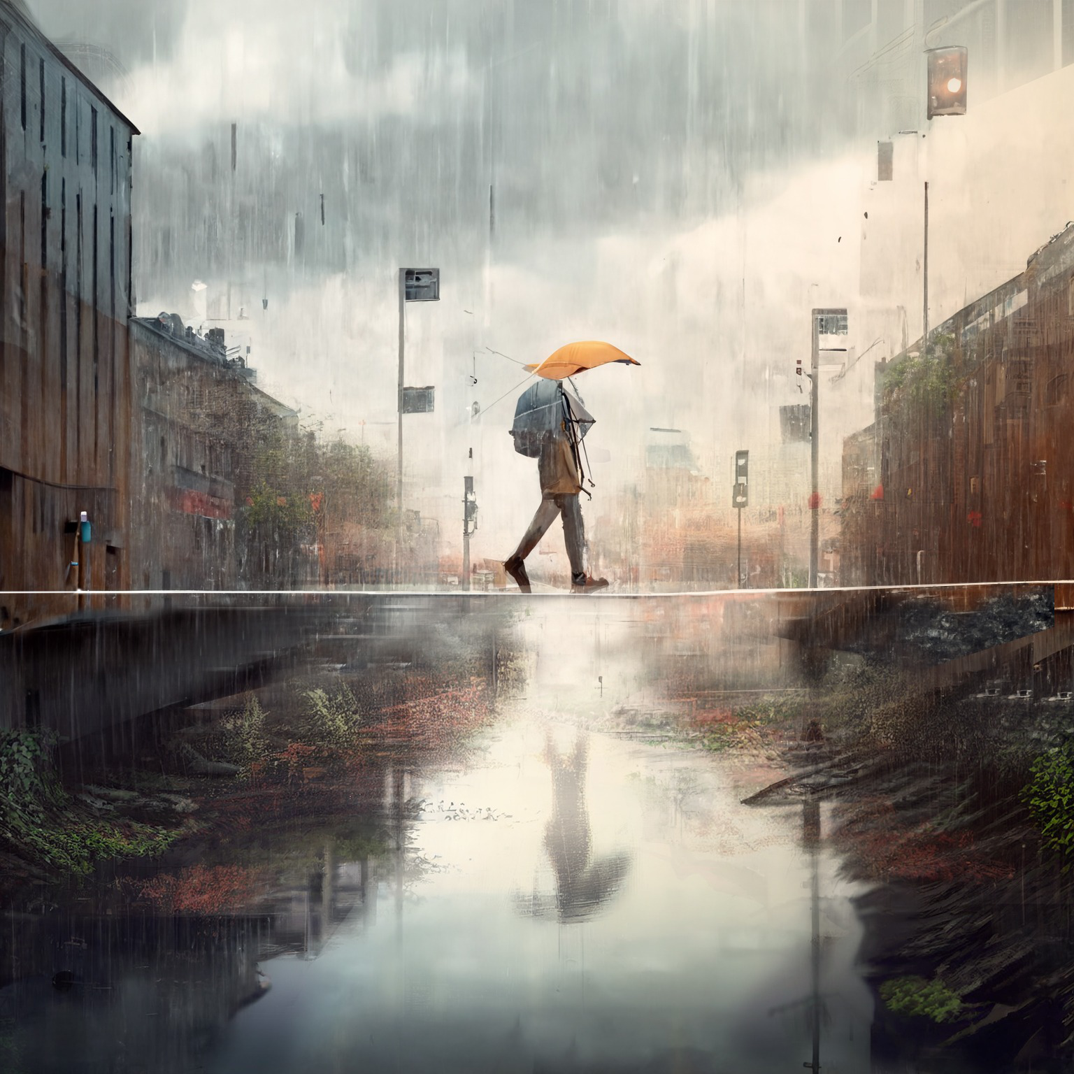The Horizon Bridge with a pedestrian carrying an orange umbrella above the water