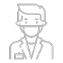 Simple gray line icon of a dentist wearing a mask and lab coat.