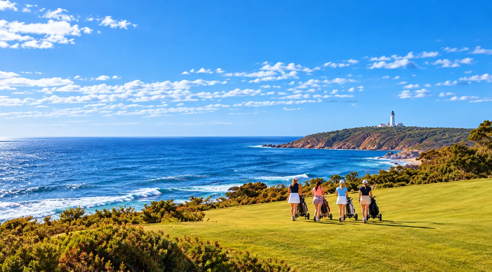Four women golfers walking a coastal fairway with Barrenjoey Lighthouse and the ocean behind