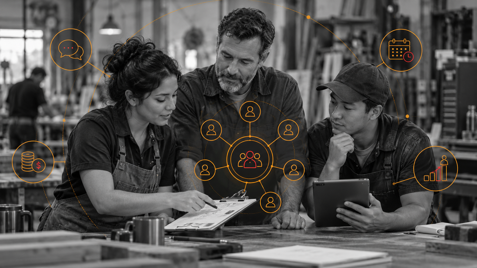 Workers reviewing a survey at a workshop table, with an orange employer-segmentation graphic.