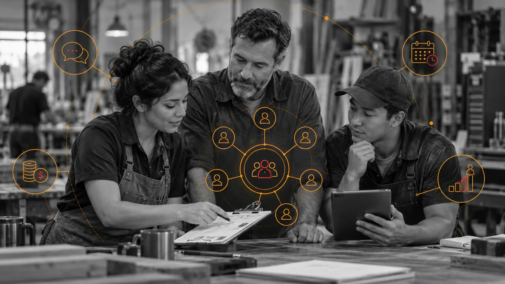 Workers reviewing a survey at a workshop table, with an orange employer-segmentation graphic.