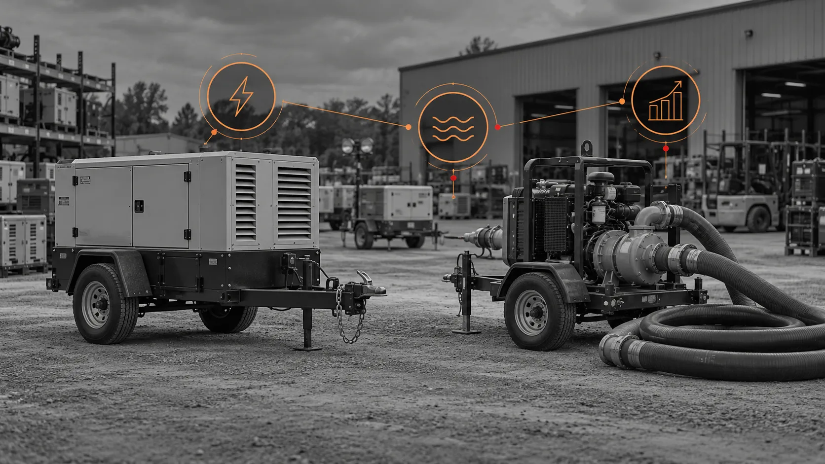 Portable generator and industrial pump in an equipment rental yard, with orange equipment and market-analysis graphics.