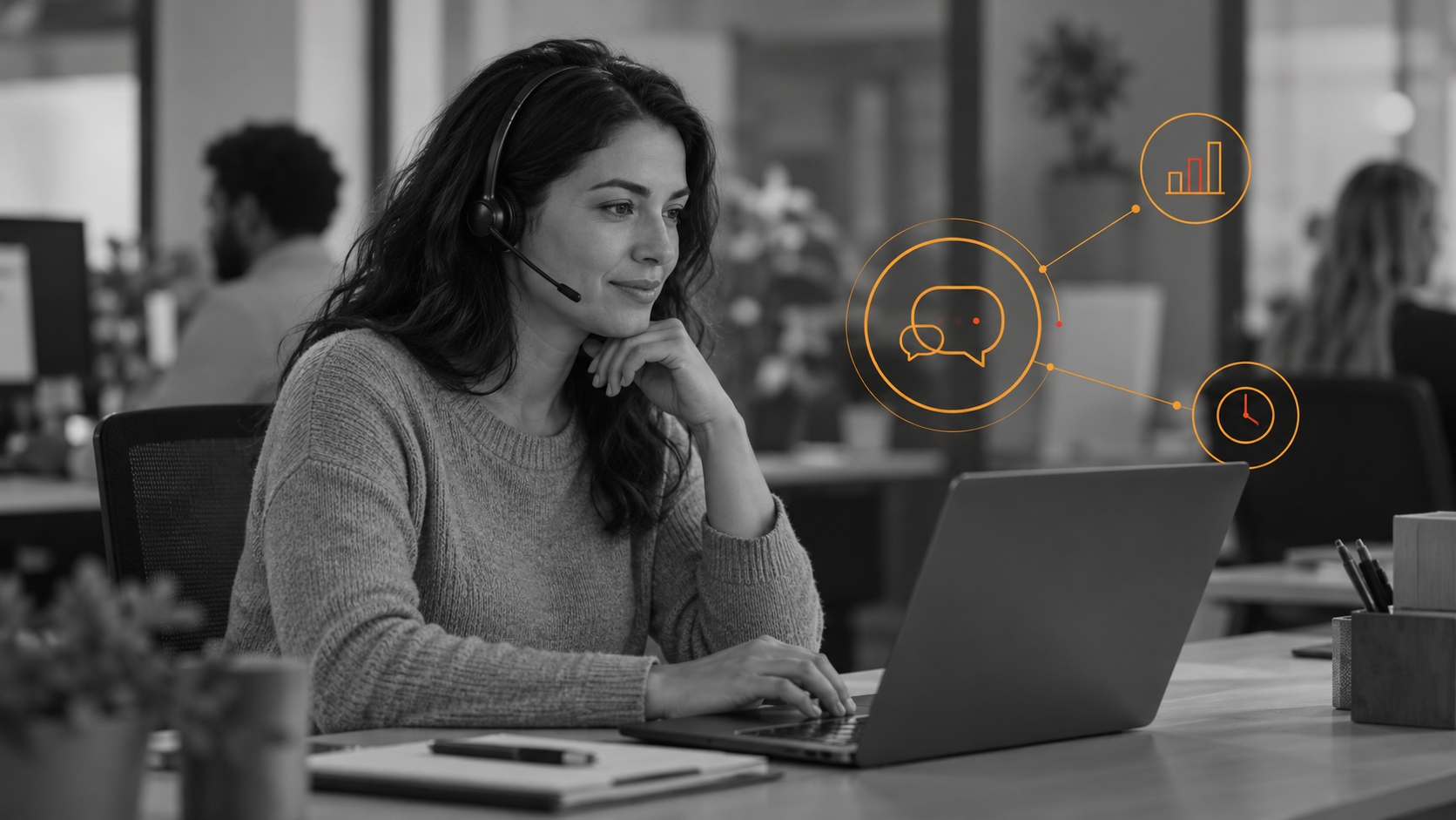 Customer-service professional using a headset and laptop, with orange conversation and performance-analysis graphics.