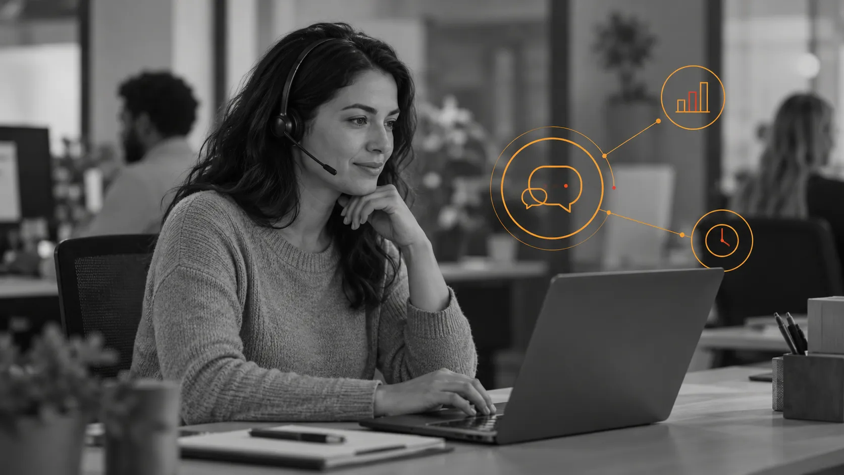 Customer-service professional using a headset and laptop, with orange conversation and performance-analysis graphics.