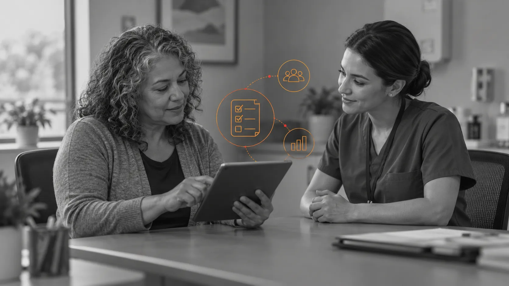 Healthcare consumer completing a tablet questionnaire with a researcher, with orange survey-analysis graphics.