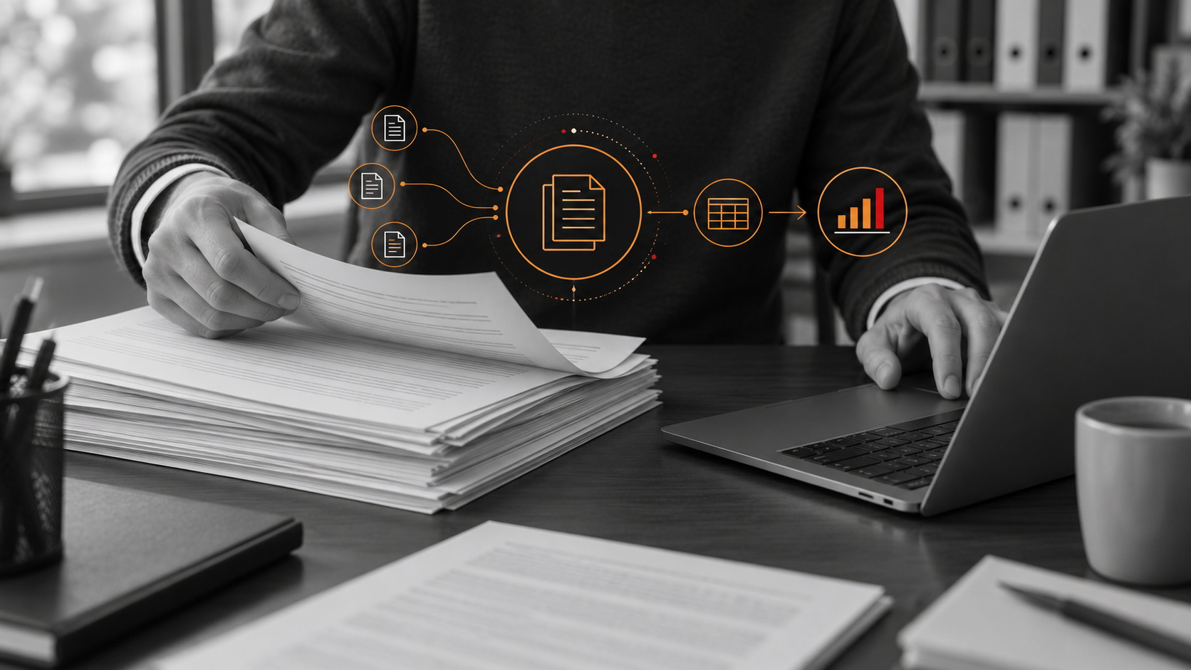 Analyst reviewing public records beside a laptop, with orange document and market-analysis graphics.