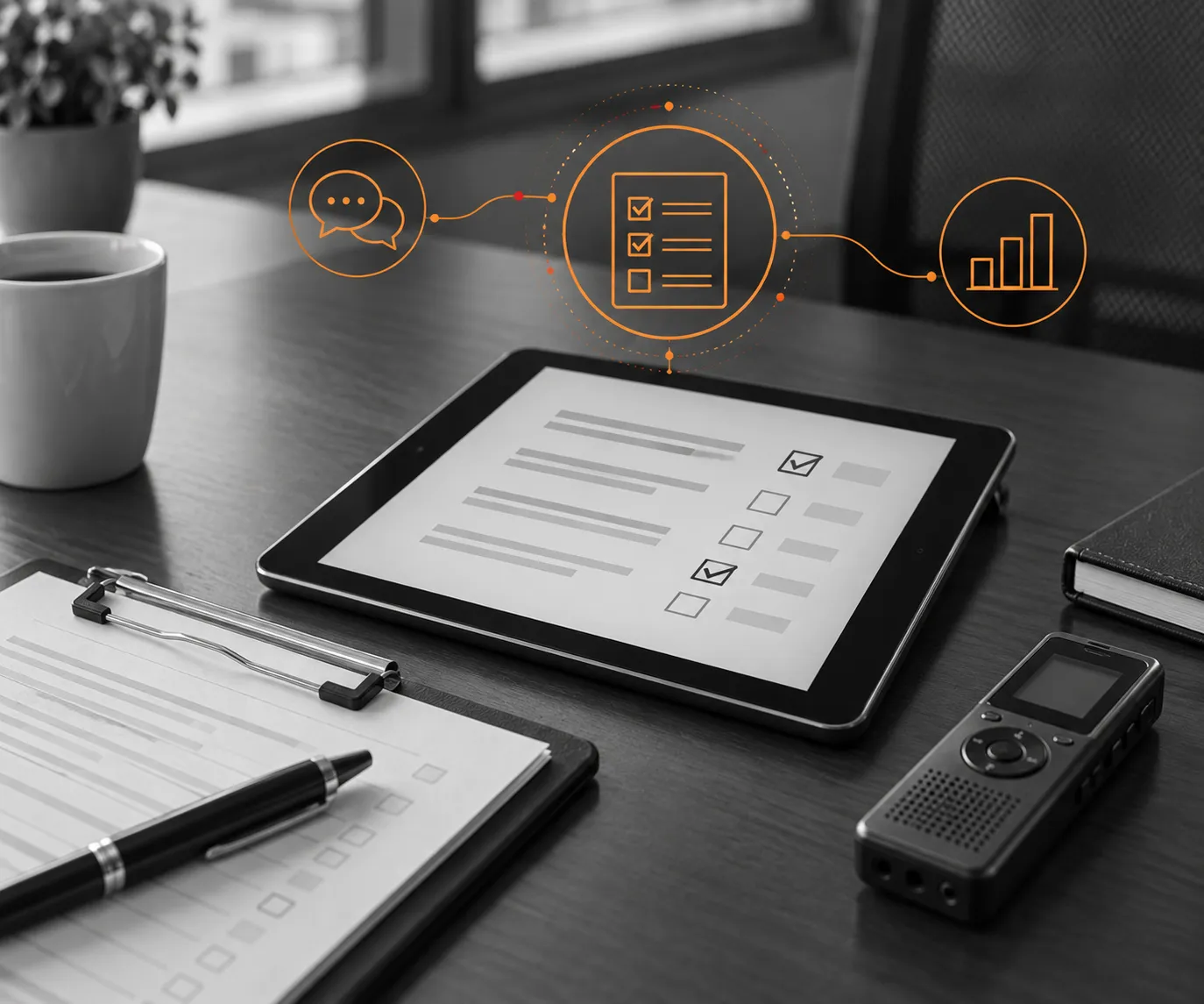 Questionnaire, tablet and recorder with orange customer research graphics.