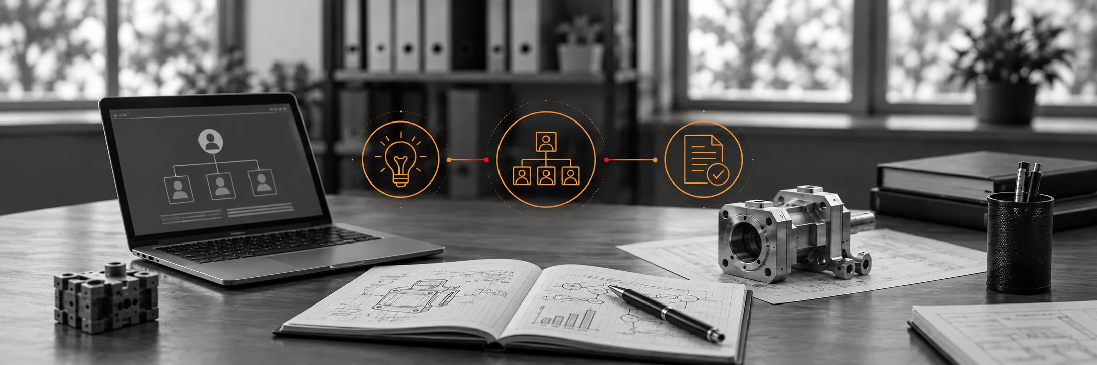 Corporate research materials with orange innovation and analytical graphics.