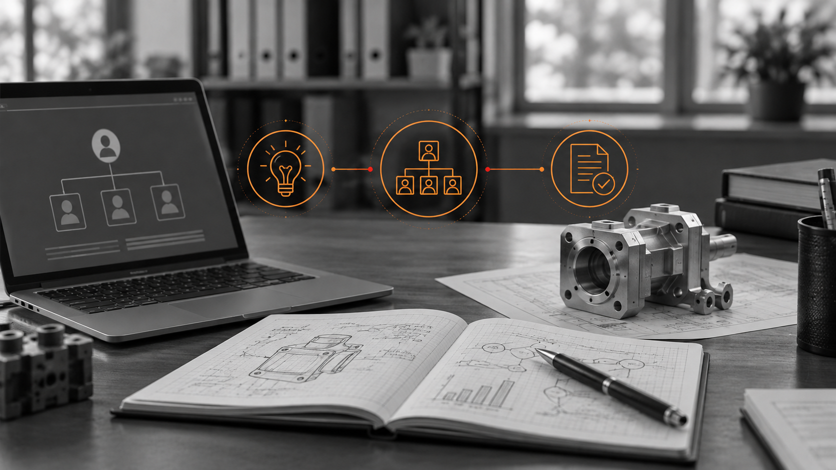 Corporate research materials with orange innovation and analytical graphics.