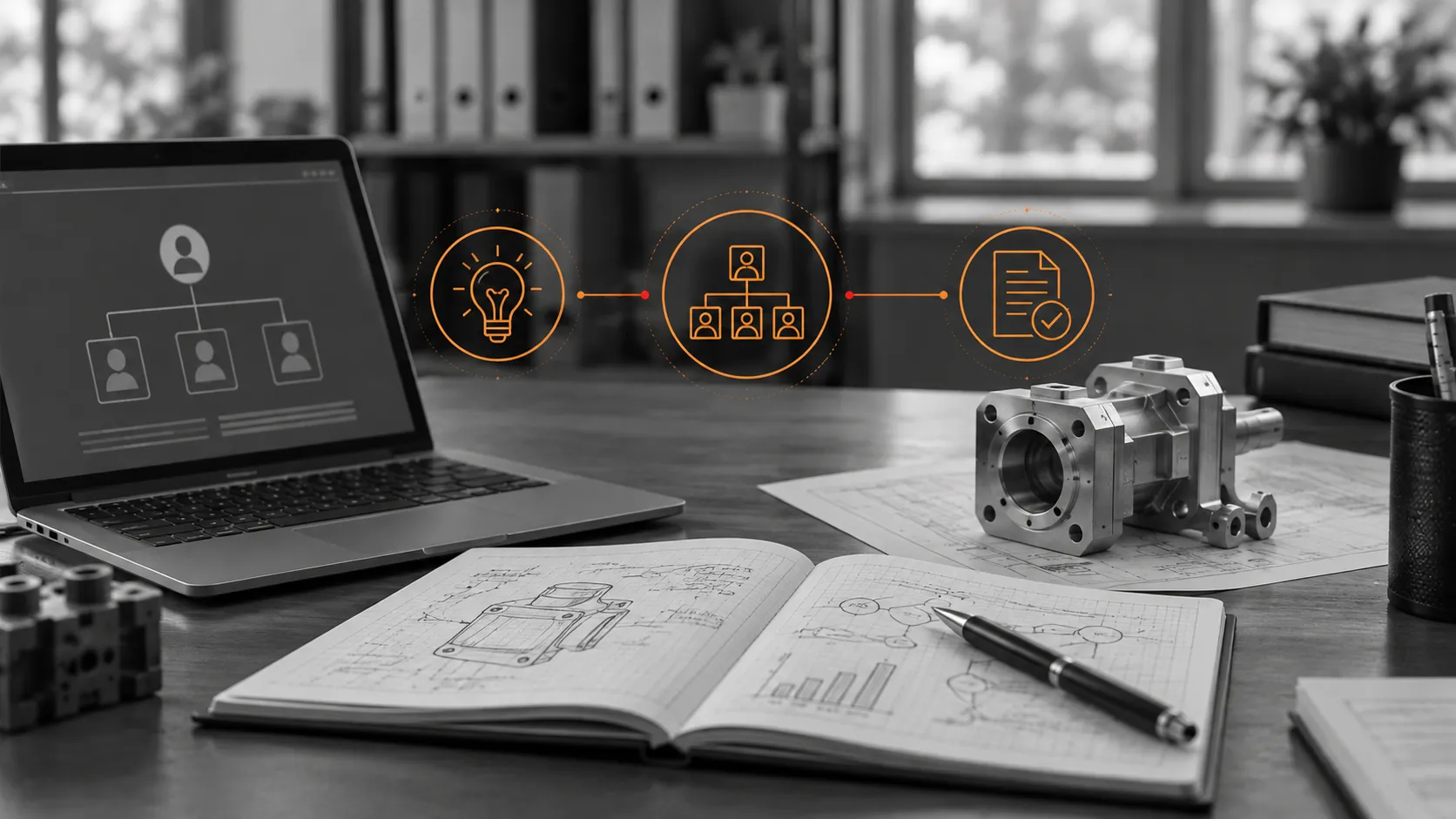 Corporate research materials with orange innovation and analytical graphics.