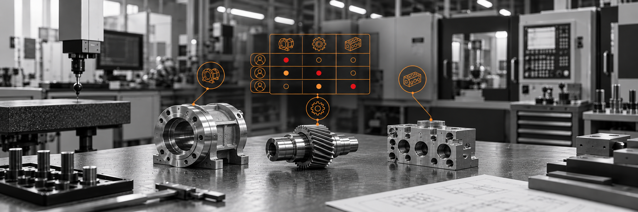 Manufactured components with orange customer, product and profitability analysis.