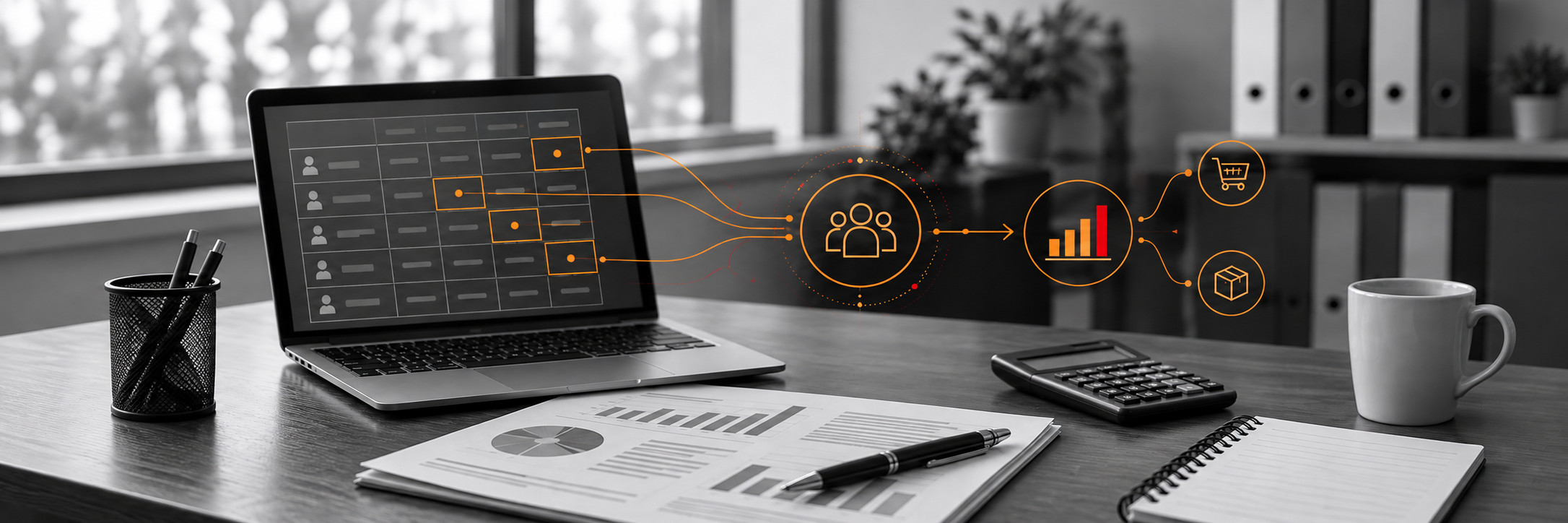 Account analysis with orange customer opportunity and revenue expansion graphics.