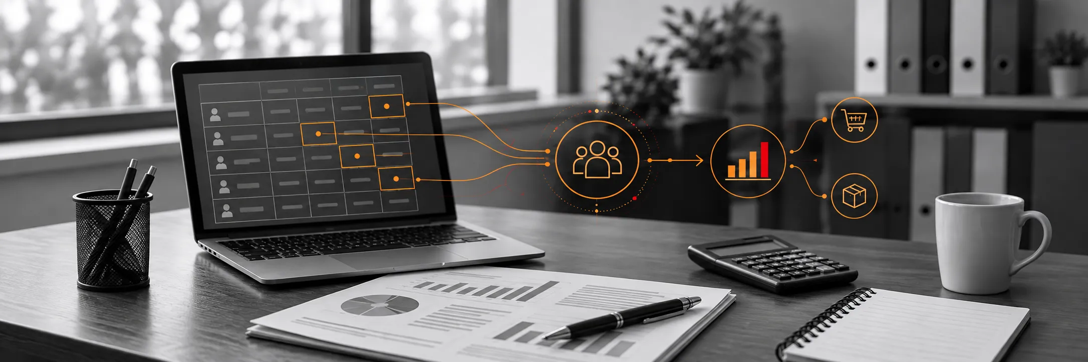 Account analysis with orange customer opportunity and revenue expansion graphics.
