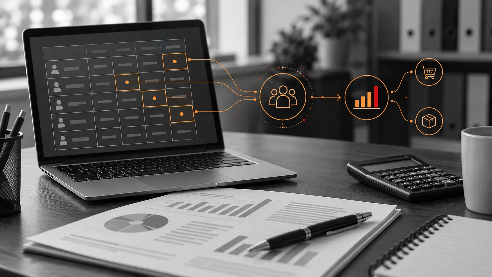 Account analysis with orange customer opportunity and revenue expansion graphics.