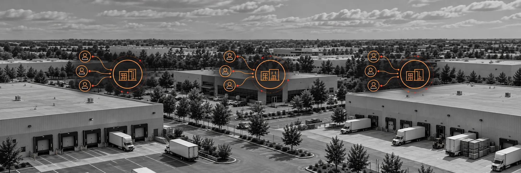 Branch locations and prospect groups connected by orange territory-planning graphics.