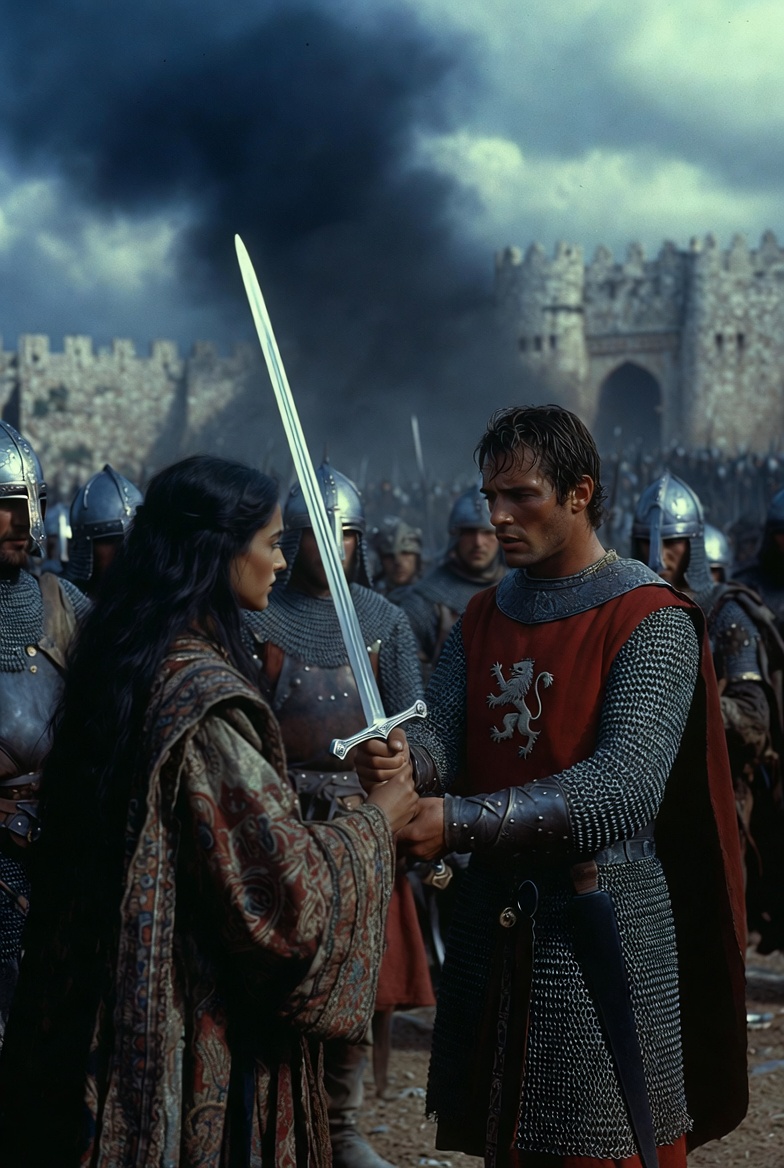 Crusader knight and lady before a besieged city