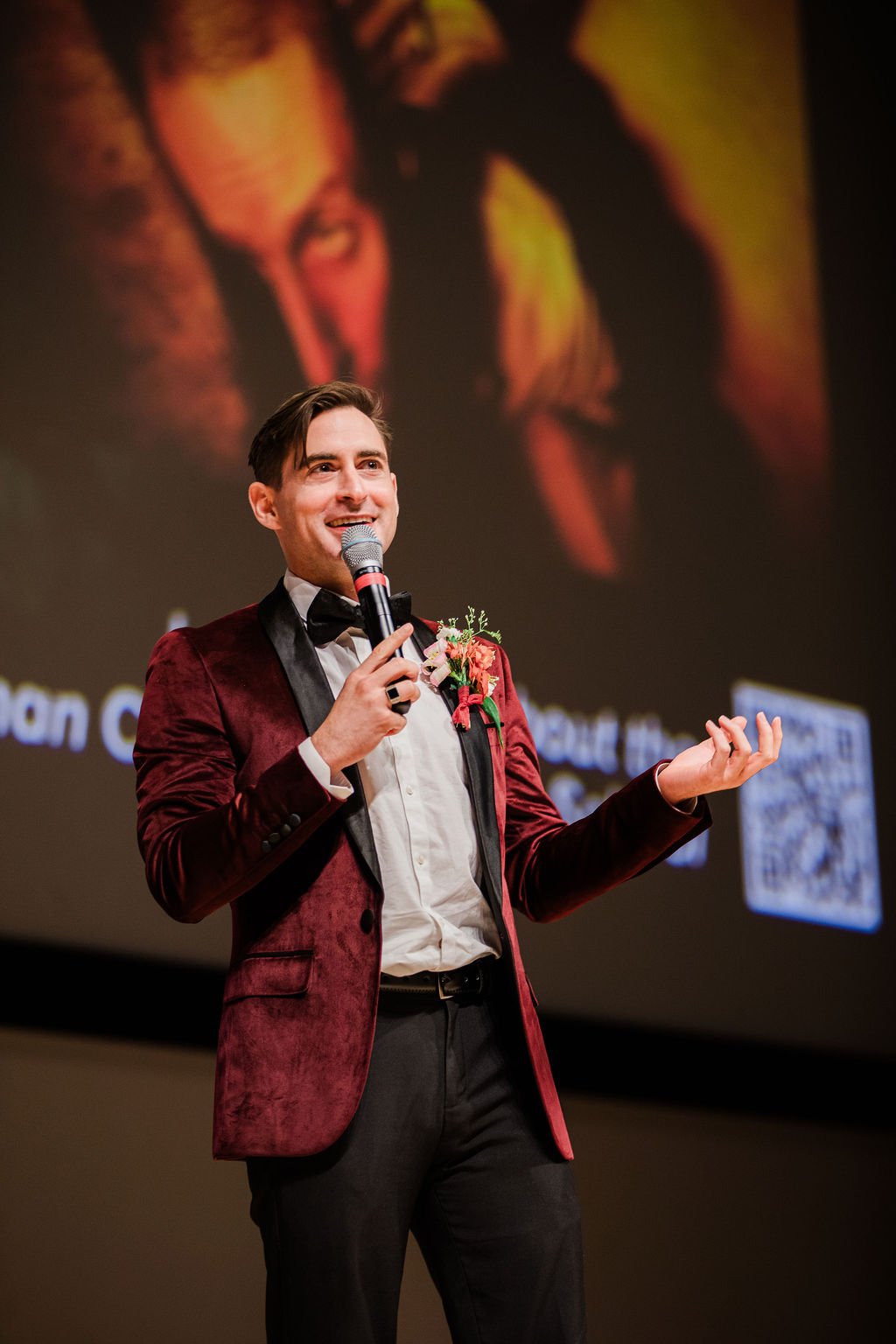 Anthony D'Ambrosio speaking on stage at the US premiere