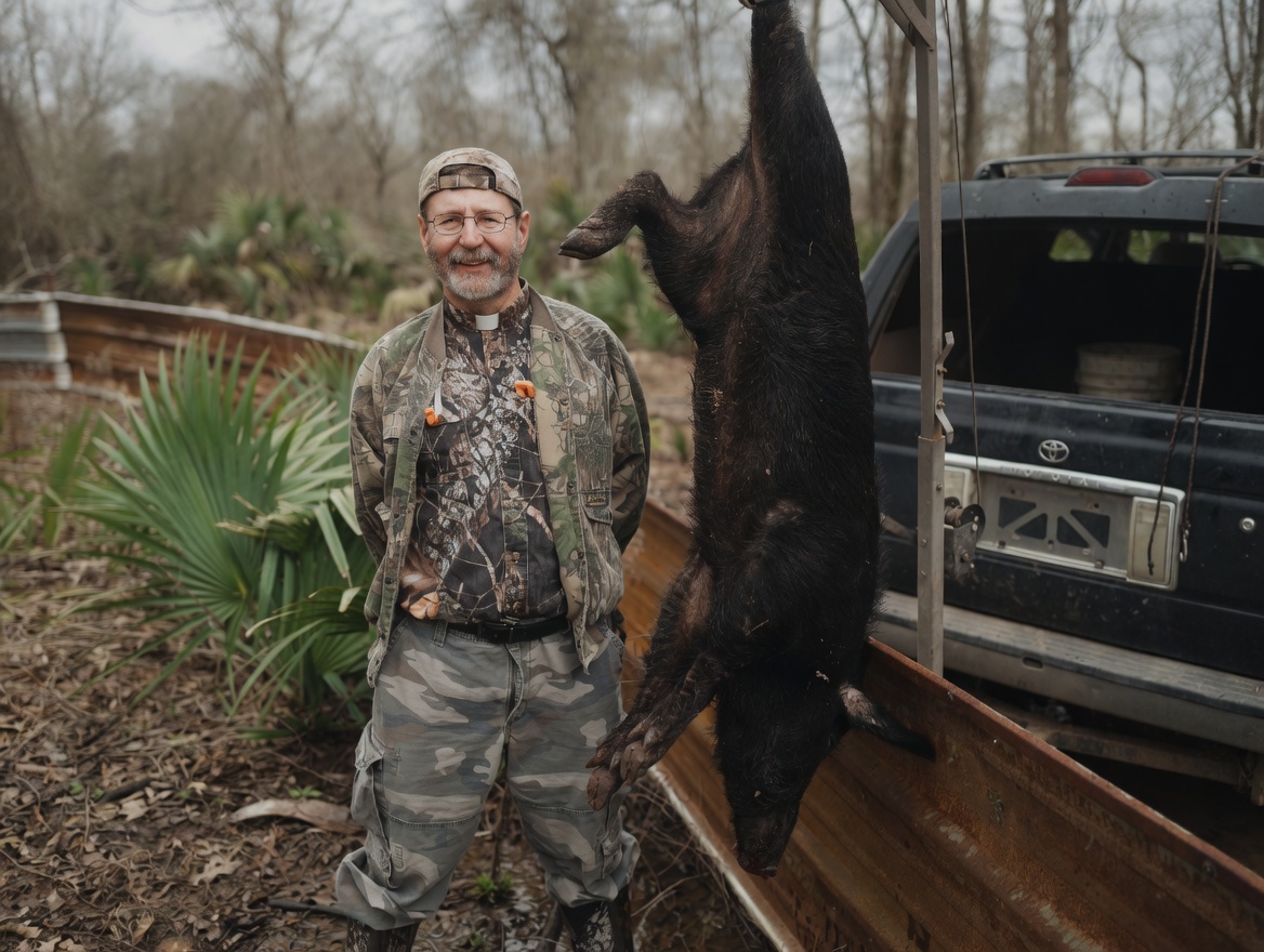 Fr. Mitch Pacwa with a boar from a hunt
