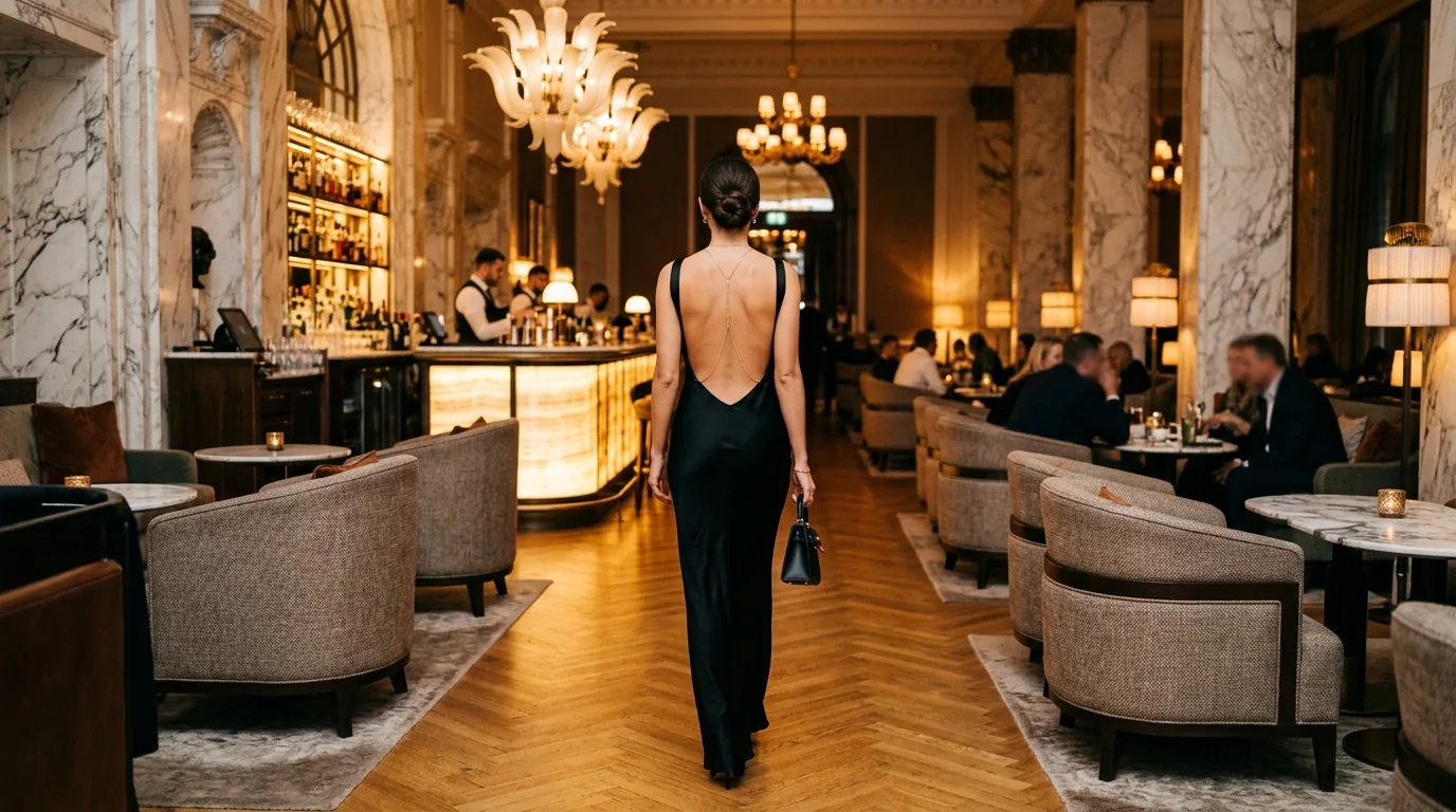 A woman in a black evening dress walking through a grand hotel lounge with chandeliers