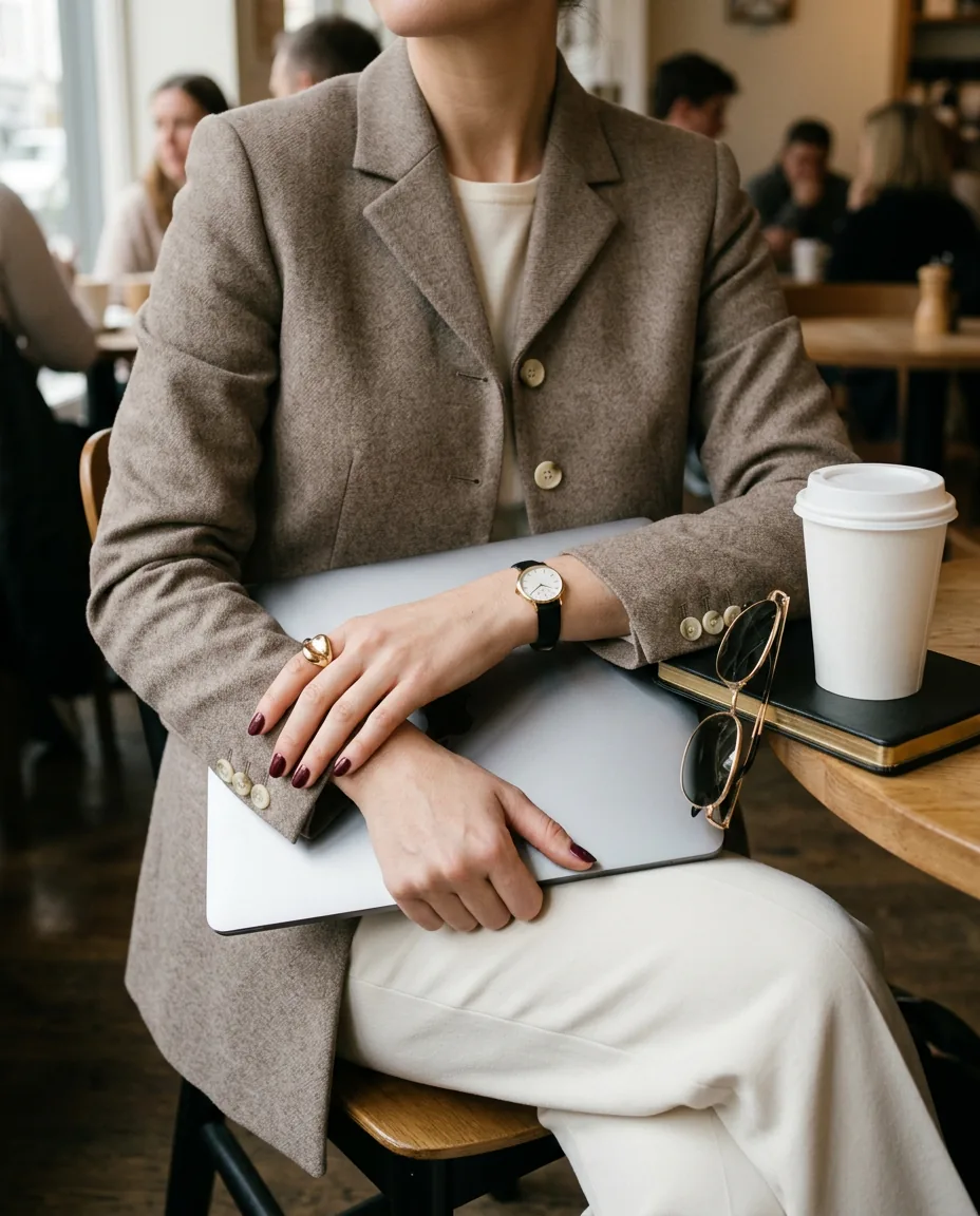 A woman in a tweed blazer holding a laptop beside a takeaway coffee