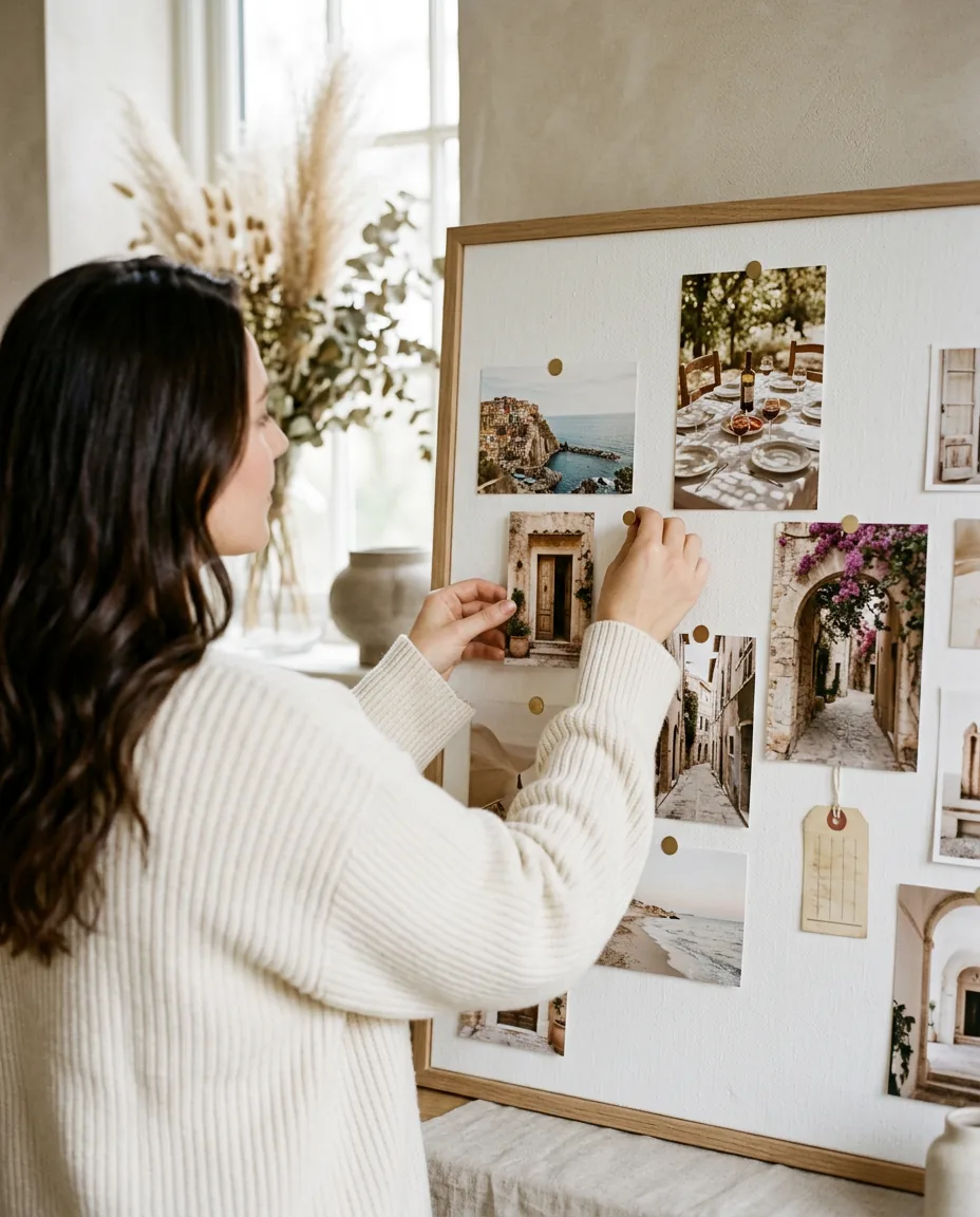 A woman pinning travel photographs to a mood board
