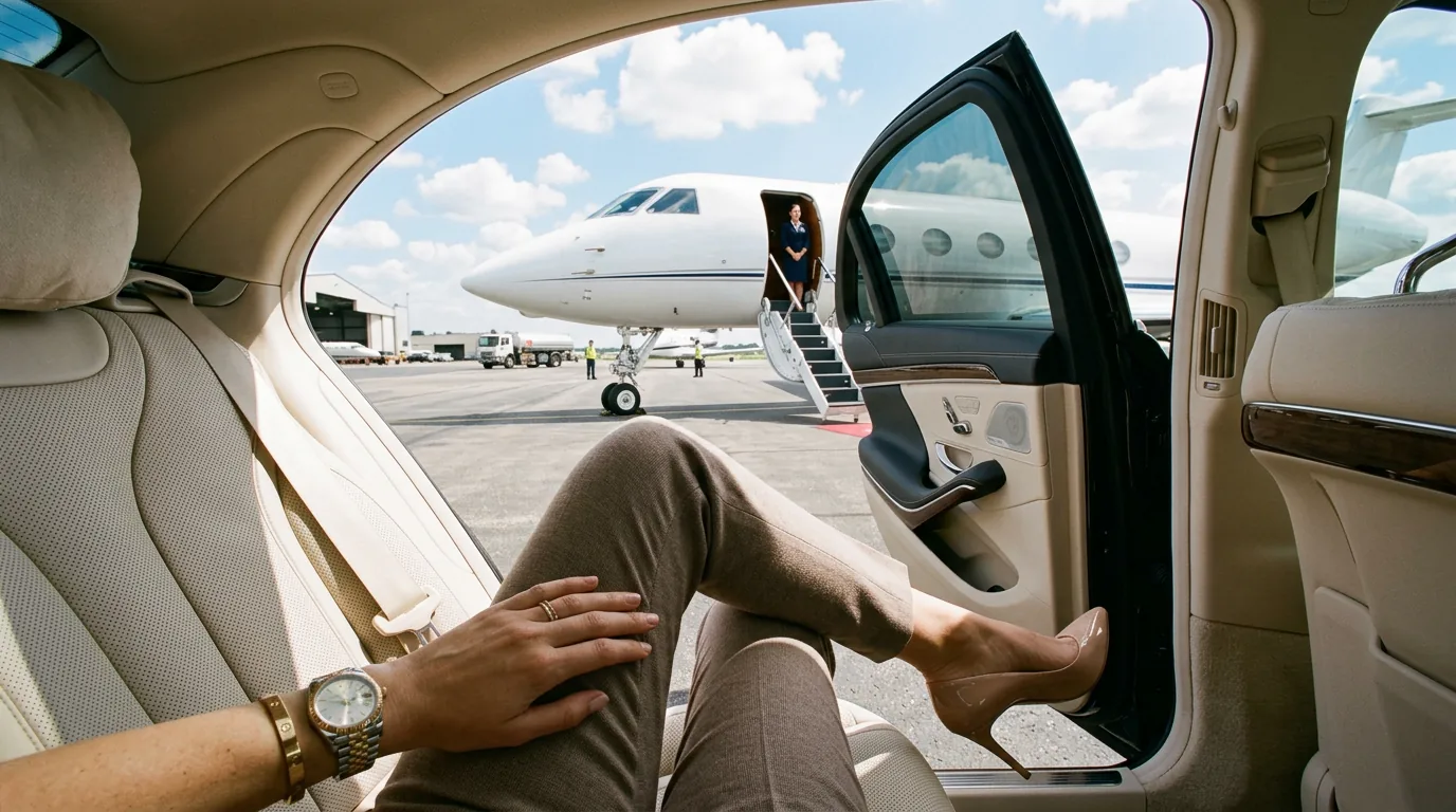 A private jet with its steps down, seen through the open door of a car